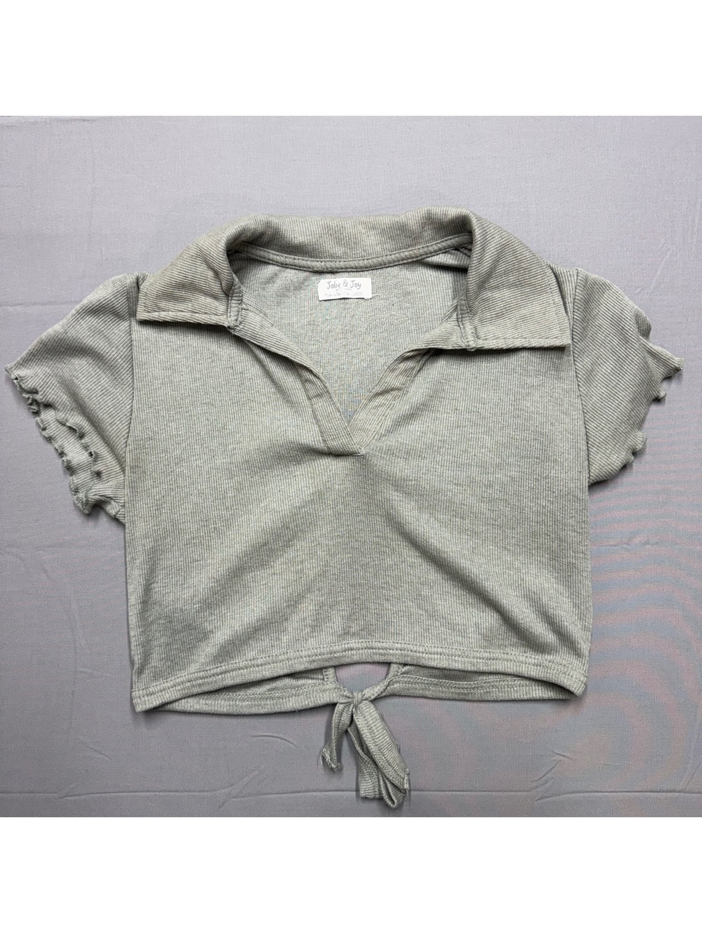 Jolie & Joy Women Large Sage Green Ribbed Crop Top Open Back Tie Polo Collar L